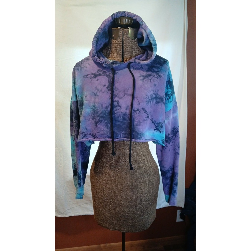 Forever 21 Womens Cropped Tie Dye Hoodie Purple Black Blue Size Small